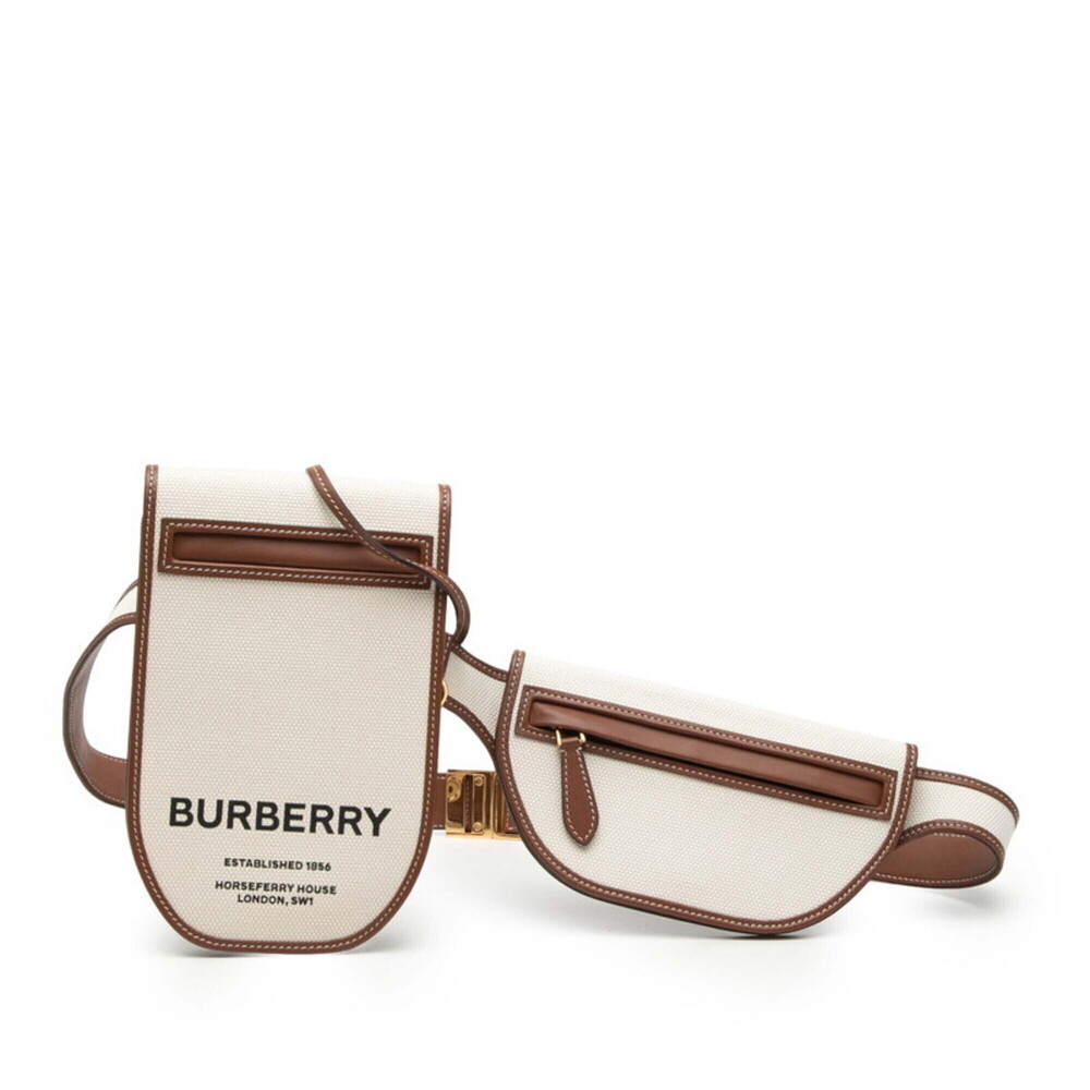 Burberry Horseferry Logo Belt Bag Body 2-Way 8039534 White Brown Canvas Leath...
